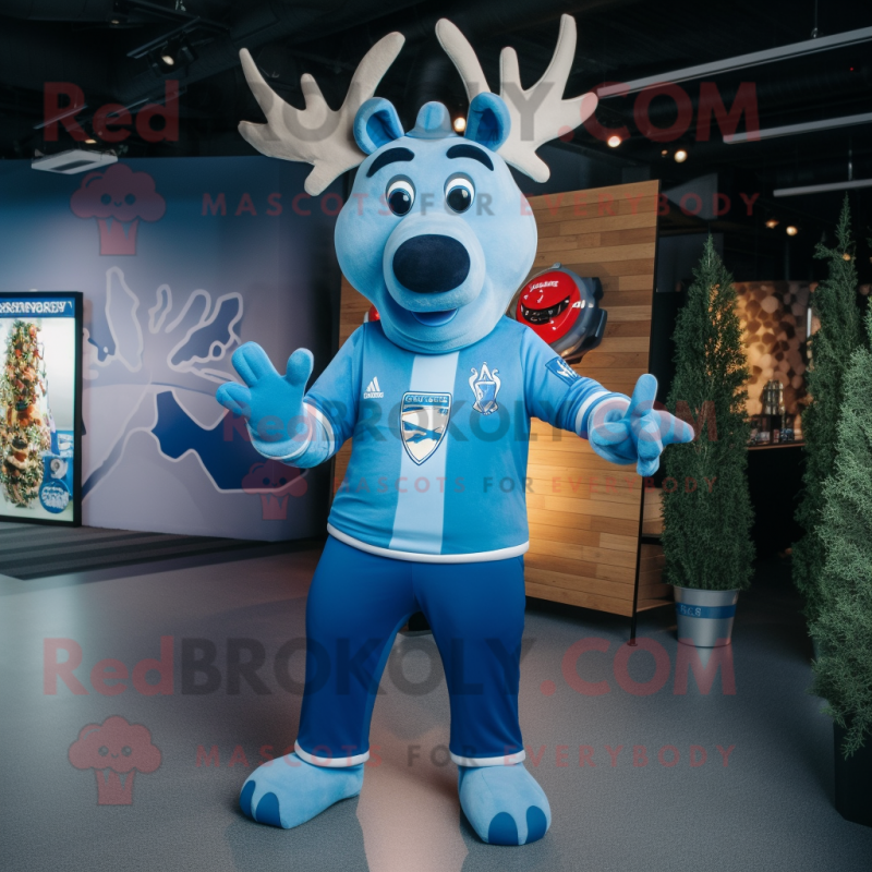 Blue Reindeer mascot costume character dressed with a Polo Tee and Wraps