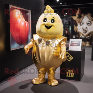 Gold Potato mascot costume character dressed with a V-Neck Tee and Brooches