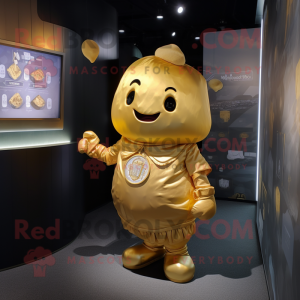 Gold Potato mascot costume character dressed with a V-Neck Tee and Brooches