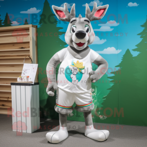 Silver Deer mascot costume character dressed with a Board Shorts and Brooches