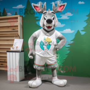 Silver Deer mascot costume character dressed with a Board Shorts and Brooches