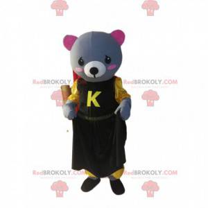 Mascot ousonne grigio con un vestito giallo e nero. -
