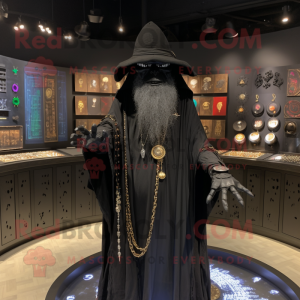 Black Wizard mascot costume character dressed with a Dress Shirt and Necklaces