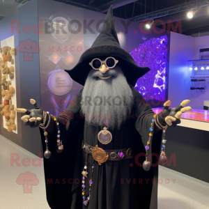 Black Wizard mascot costume character dressed with a Dress Shirt and Necklaces