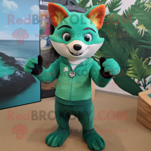 Green Fox mascot costume character dressed with a Swimwear and Mittens