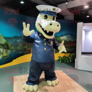 Navy Crocodile mascot costume character dressed with a Trousers and Foot pads