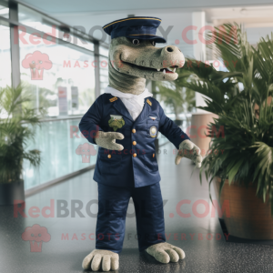 Navy Crocodile mascot costume character dressed with a Trousers and Foot pads