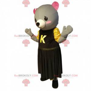 Mascot ousonne grigio con un vestito giallo e nero. -