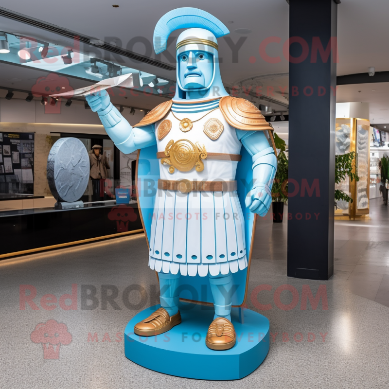 Sky Blue Roman Soldier mascot costume character dressed with a Board Shorts and Necklaces