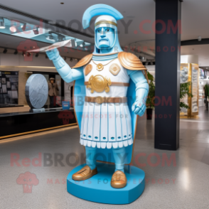 Sky Blue Roman Soldier mascot costume character dressed with a Board Shorts and Necklaces