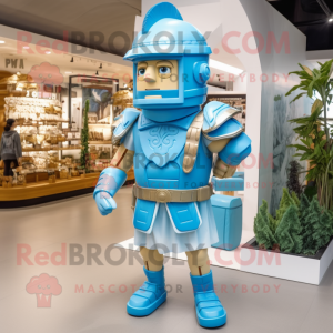 Sky Blue Roman Soldier mascot costume character dressed with a Board Shorts and Necklaces