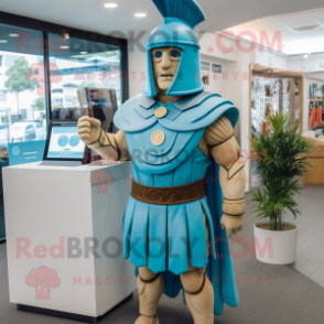 Sky Blue Roman Soldier mascot costume character dressed with a Board Shorts and Necklaces