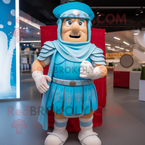 Sky Blue Roman Soldier mascot costume character dressed with a Board Shorts and Necklaces