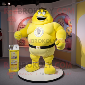 Lemon Yellow Strongman mascot costume character dressed with a Henley Tee and Lapel pins