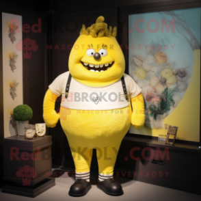 Lemon Yellow Strongman mascot costume character dressed with a Henley Tee and Lapel pins