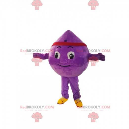 Mascotte de goutte violette avec un bandeau rouge. -