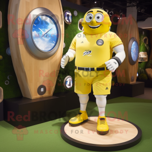 Lemon Yellow Rugby Ball mascot costume character dressed with a Cargo Shorts and Digital watches