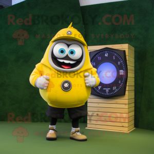 Lemon Yellow Rugby Ball mascot costume character dressed with a Cargo Shorts and Digital watches