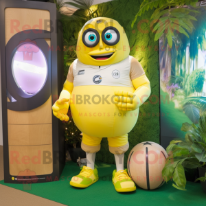 Lemon Yellow Rugby Ball mascot costume character dressed with a Cargo Shorts and Digital watches