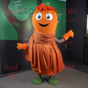 Rust Zucchini mascot costume character dressed with a Midi Dress and Scarf clips