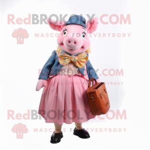 nan Pig mascot costume character dressed with a Pleated Skirt and Messenger bags