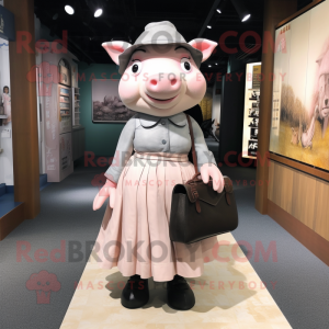 nan Pig mascot costume character dressed with a Pleated Skirt and Messenger bags