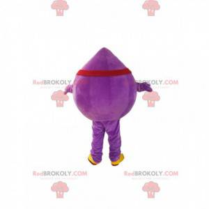 Mascotte de goutte violette avec un bandeau rouge. -