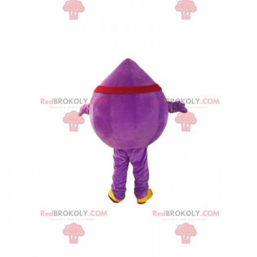 Mascotte de goutte violette avec un bandeau rouge. -