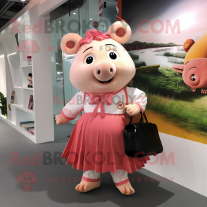 nan Pig mascot costume character dressed with a Pleated Skirt and Messenger bags