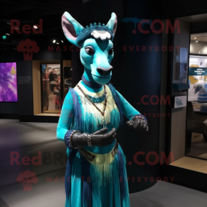 Turquoise Okapi mascot costume character dressed with a Evening Gown and Headbands