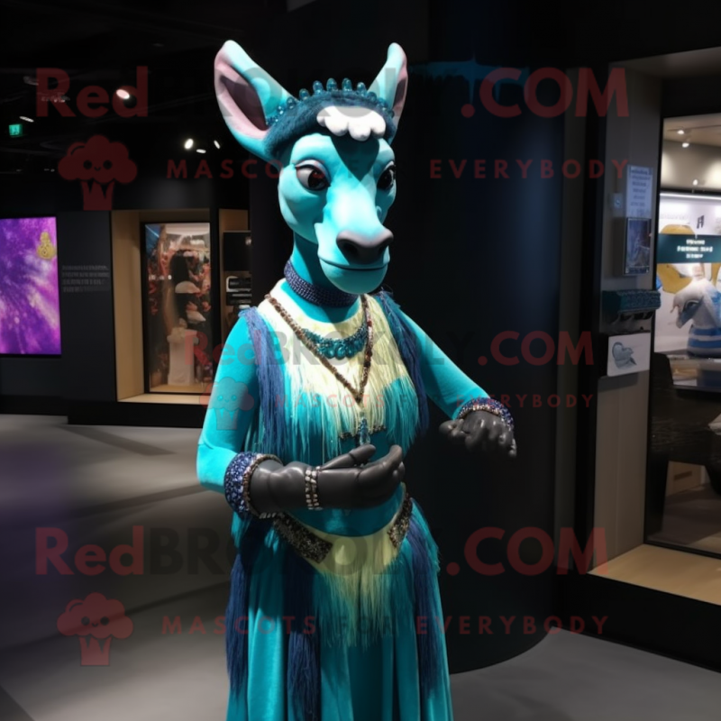 Turquoise Okapi mascot costume character dressed with a Evening Gown and Headbands Turquoise Okapi mascot costume character dressed with a Evening Gown and Headbands