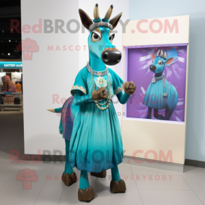 Turquoise Okapi mascot costume character dressed with a Evening Gown and Headbands