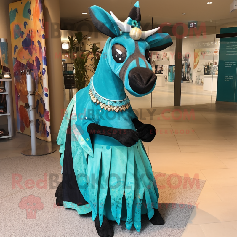 Turquoise Okapi mascot costume character dressed with a Evening Gown and Headbands