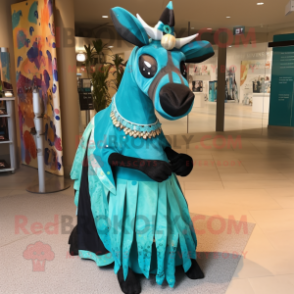 Turquoise Okapi mascot costume character dressed with a Evening Gown and Headbands