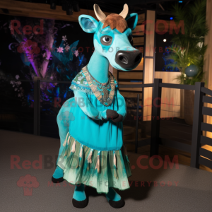 Turquoise Okapi mascot costume character dressed with a Evening Gown and Headbands