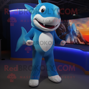 Blue Shark mascot costume character dressed with a Capri Pants and Foot pads