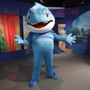 Blue Shark mascot costume character dressed with a Capri Pants and Foot pads