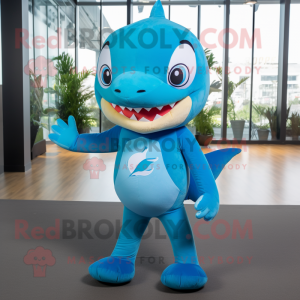 Blue Shark mascot costume character dressed with a Capri Pants and Foot pads