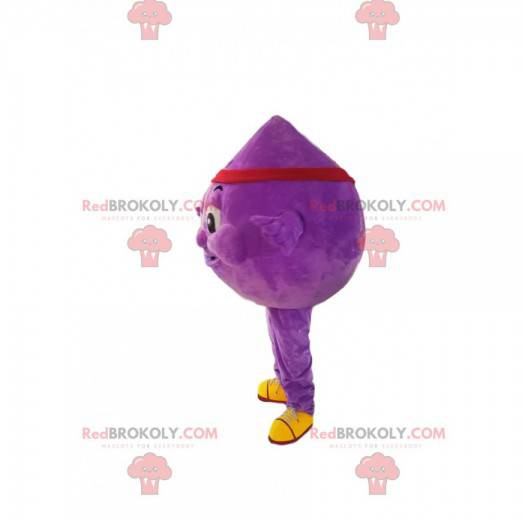 Mascotte goccia viola con una bandiera rossa. - Redbrokoly.com