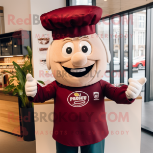 Maroon Pesto Pasta mascot costume character dressed with a Rugby Shirt and Hats