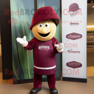 Maroon Pesto Pasta mascot costume character dressed with a Rugby Shirt and Hats