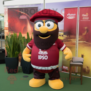 Maroon Pesto Pasta mascot costume character dressed with a Rugby Shirt and Hats