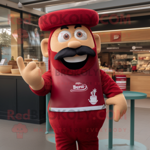 Maroon Pesto Pasta mascot costume character dressed with a Rugby Shirt and Hats