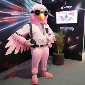 Pink Falcon mascot costume character dressed with a Suit Pants and Backpacks