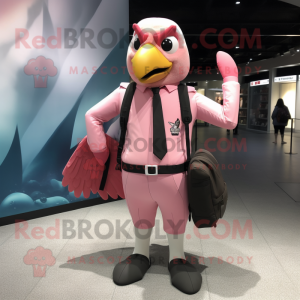 Pink Falcon mascot costume character dressed with a Suit Pants and Backpacks