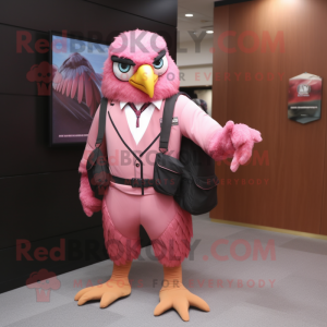 Pink Falcon mascot costume character dressed with a Suit Pants and Backpacks