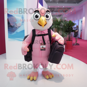 Pink Falcon mascot costume character dressed with a Suit Pants and Backpacks