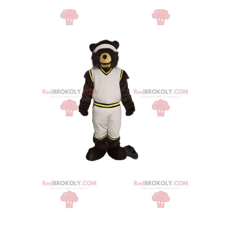 Bärenmaskottchen in weißer Sportbekleidung. Bärenkostüm -