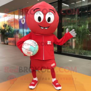 Red Volleyball Ball mascot costume character dressed with a Windbreaker and Pocket squares