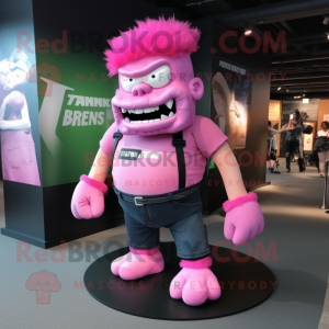 Pink Frankenstein'S Monster mascot costume character dressed with a T-Shirt and Cummerbunds